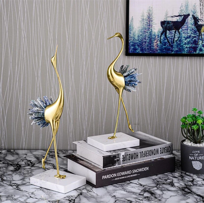 Natural Crystal Crane Decoration Living Room Cabinet Home Decoration Modern Light Luxury Brass Crane Home Decor Accessories