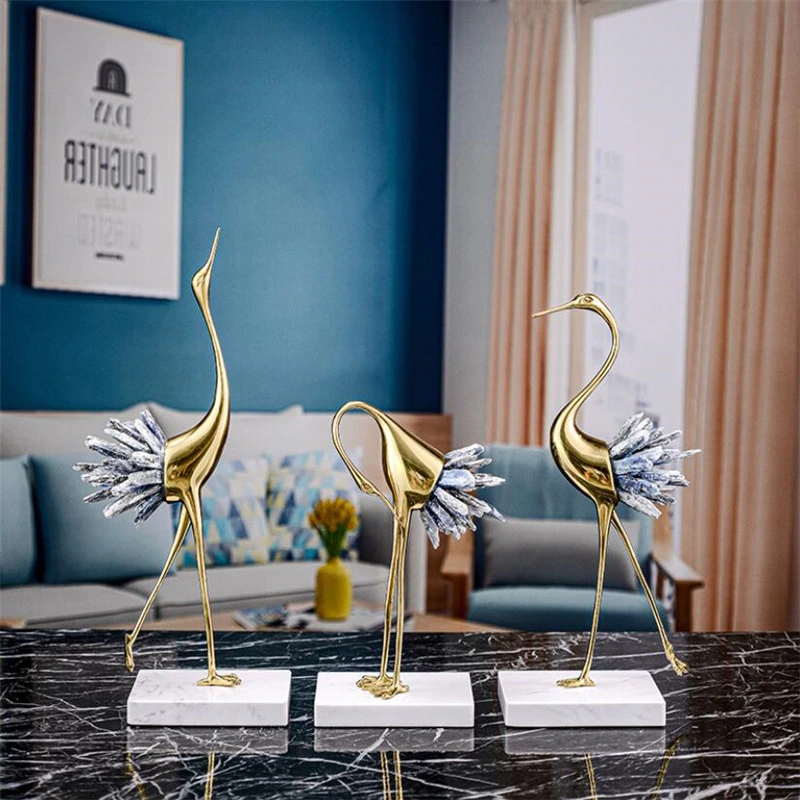 Natural Crystal Crane Decoration Living Room Cabinet Home Decoration Modern Light Luxury Brass Crane Home Decor Accessories