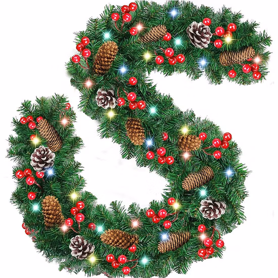 Neuer Weihnachtsstock-künstlicher Weihnachtskranz im Freien, Kiefernbaum-Girlande mit Lichtern, batteriebetriebene Weihnachts-Weihnachtsgirlande